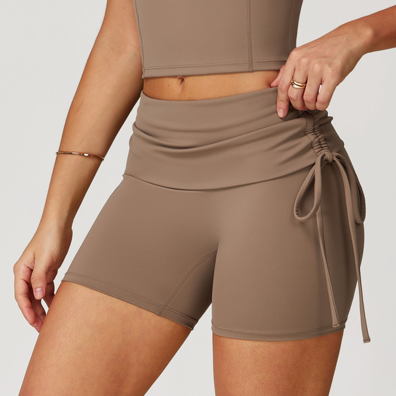 Women’s Nude Feel Tight Yoga Shorts Drawstring - Sand Brown / L - Other