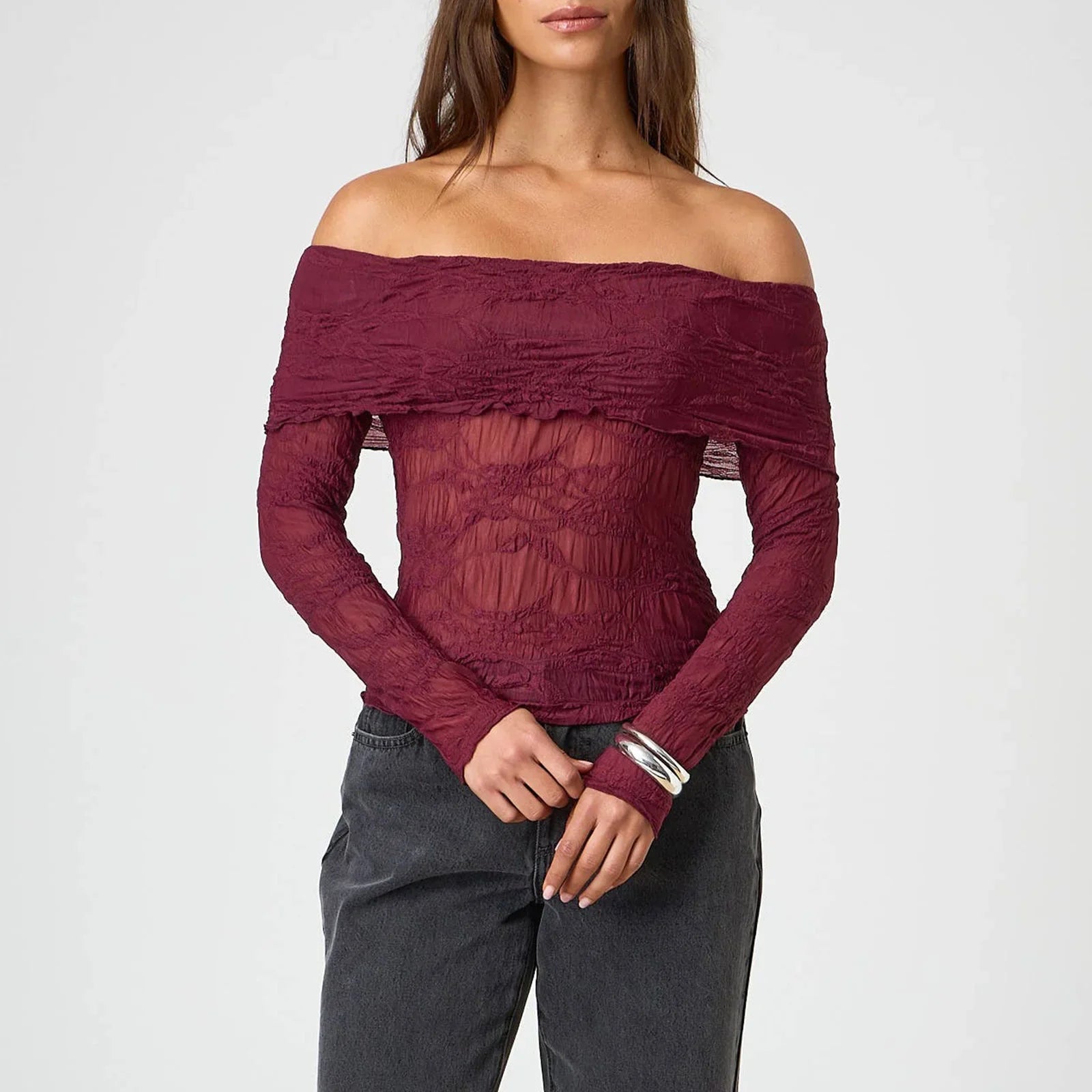 Womens Off Shoulder Sheer Top