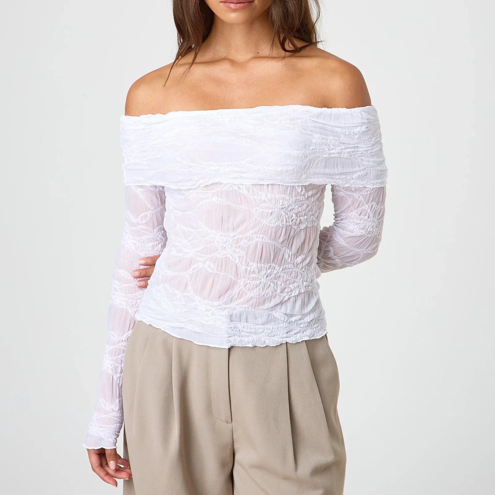 Womens Off Shoulder Sheer Top - WHITE / M
