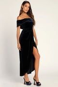 Women’s Personalized Velvet Off-shoulder Dress - Navy Blue / L - electronic accessories