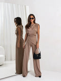 Women’s Pleated Asymmetry Top Pants Suit - Khaki / L