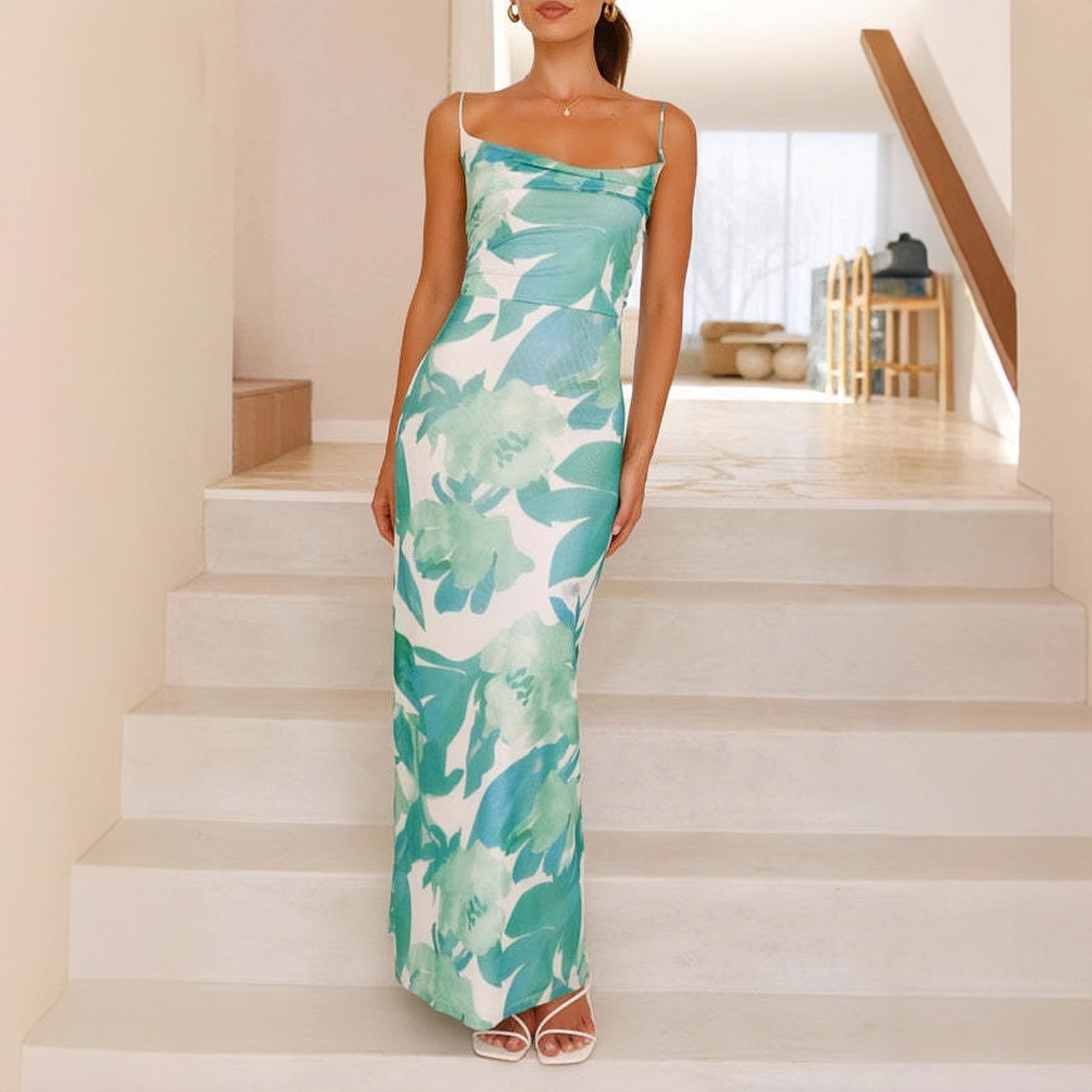 Women’s Printed Sleeveless Slim Hip Dress - Green / L - Other