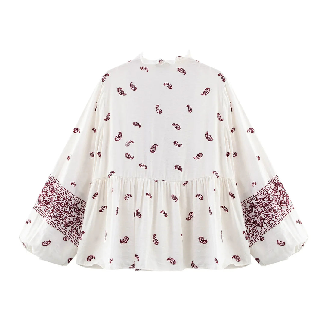 Women’s Printed Tassel Shirt Hollow Loose Stand-up Collar Lantern Sleeve Top - shirt / S