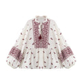 Women’s Printed Tassel Shirt Hollow Loose Stand-up Collar Lantern Sleeve Top - shirt / S