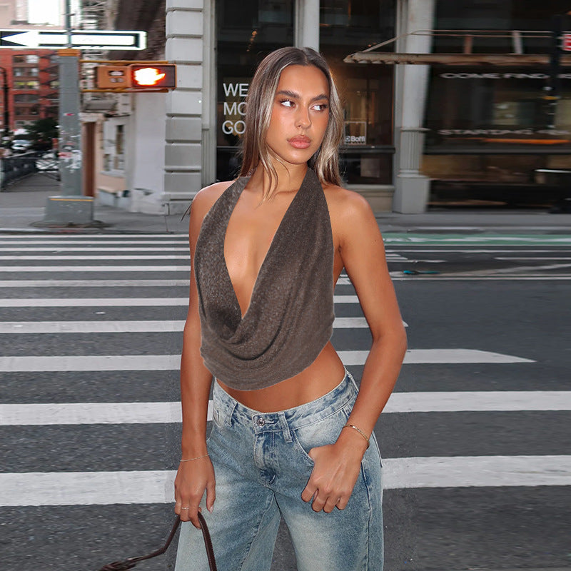 Women’s Pure Color Halter Silver Silk Pockets Collar Top - electronic accessories