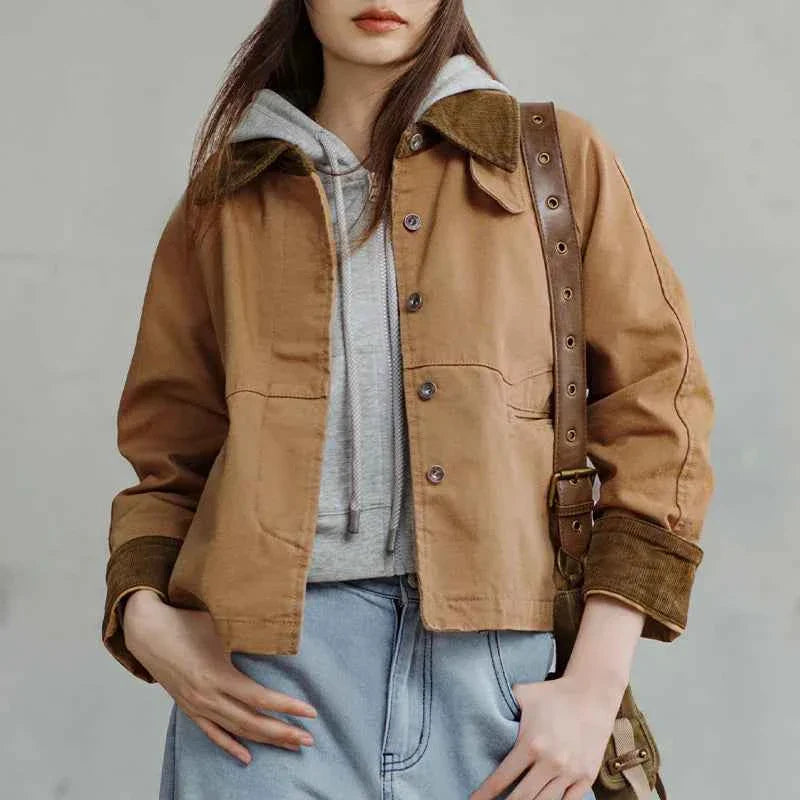 Women's Retro Khaki Corduroy Collar Barn Jacket