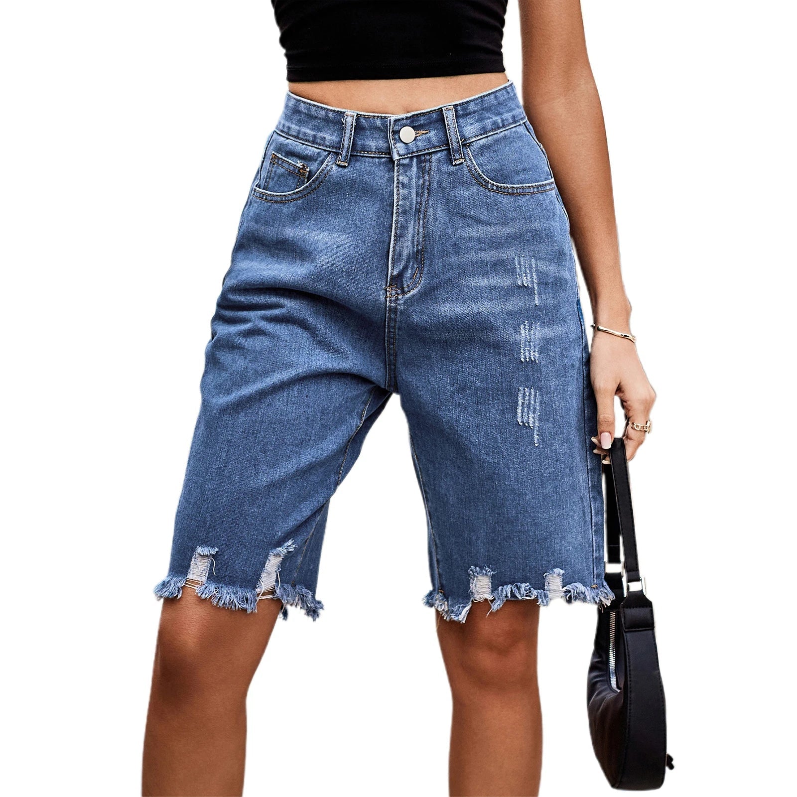 Women’s Ripped Bermuda Denim Shorts - Blue / S