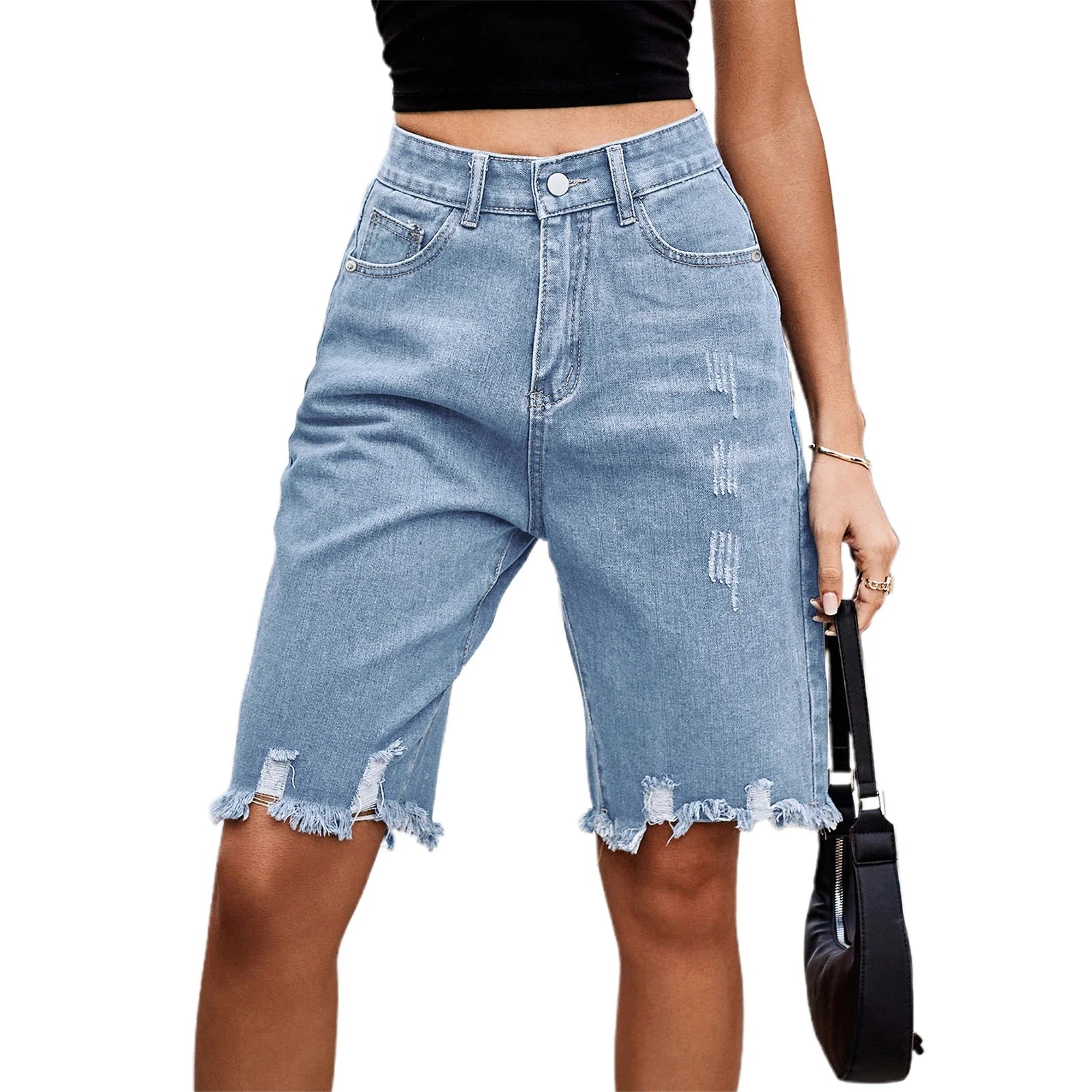 Women’s Ripped Bermuda Denim Shorts - SKY BLUE / M