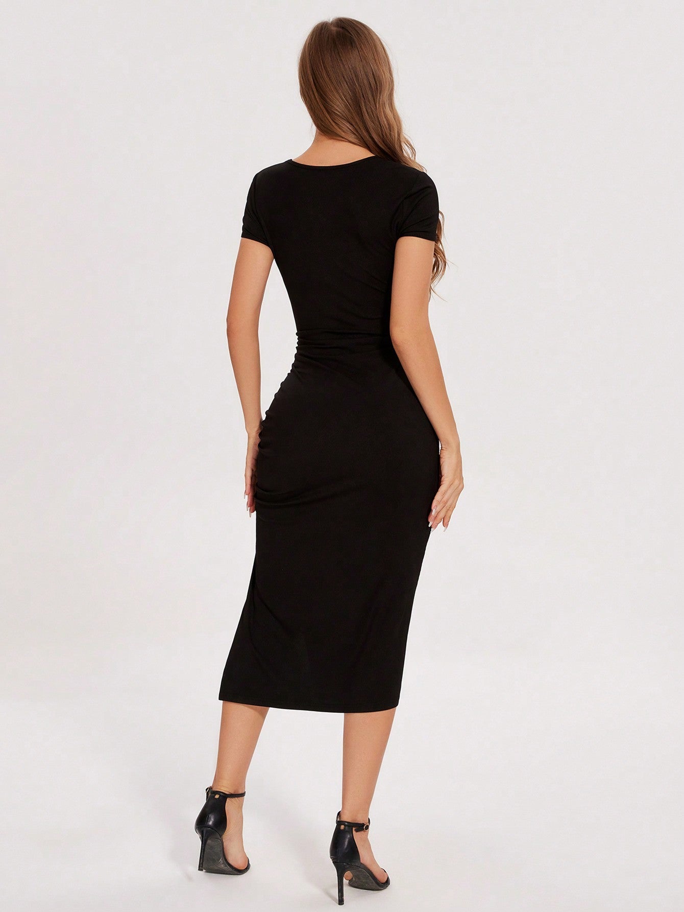 Women’s Round Neck Hollow Split To Thigh Drawstring Short Sleeve Dress - electronic accessories