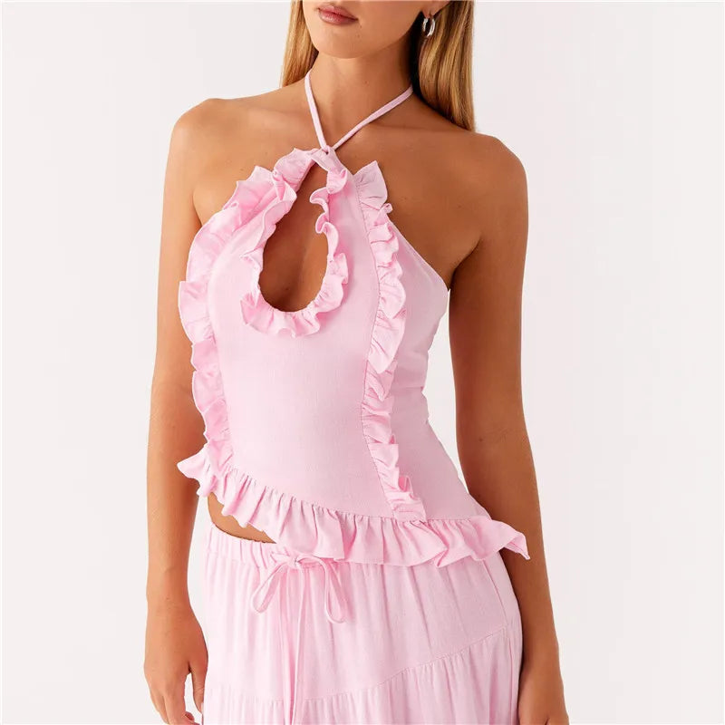 Womens Ruffle Halter Crop Top - G / M