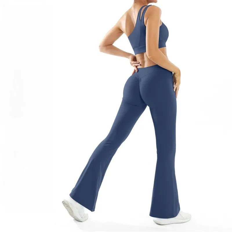 Women’s Seamless Yoga Set Naked Sensation Single Shoulder Bra & Breathable Quick-Dry Slim Pants