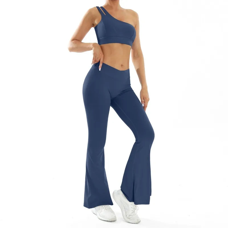 Women’s Seamless Yoga Set Naked Sensation Single Shoulder Bra & Breathable Quick-Dry Slim Pants