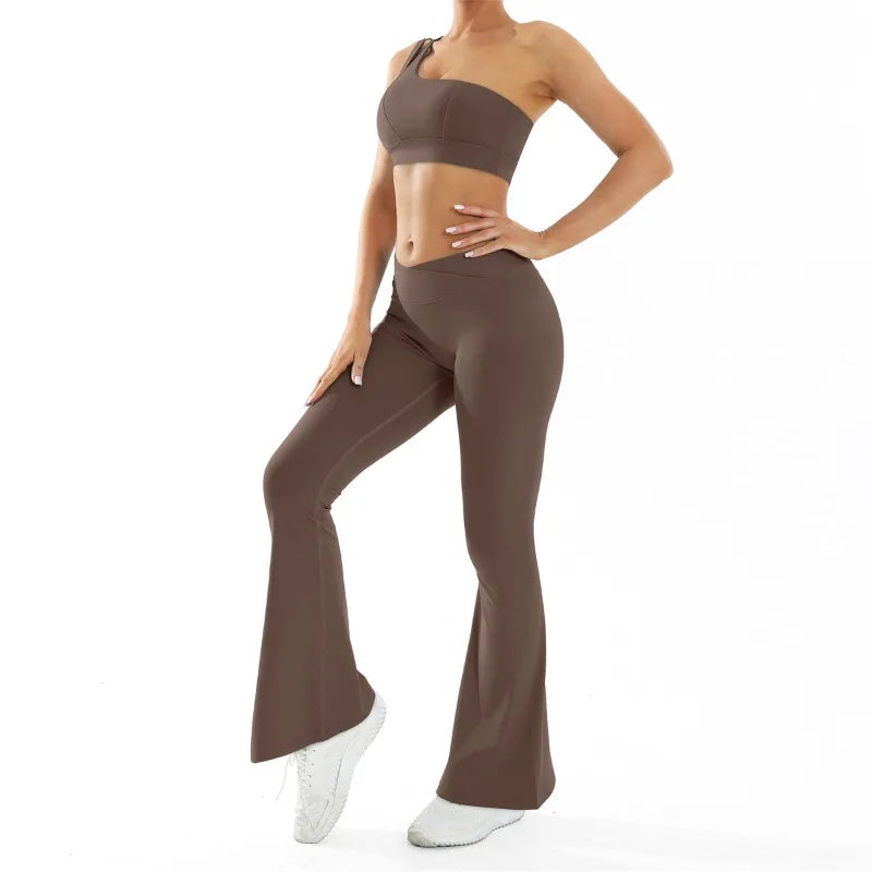 Women’s Seamless Yoga Set Naked Sensation Single Shoulder Bra & Breathable Quick-Dry Slim Pants