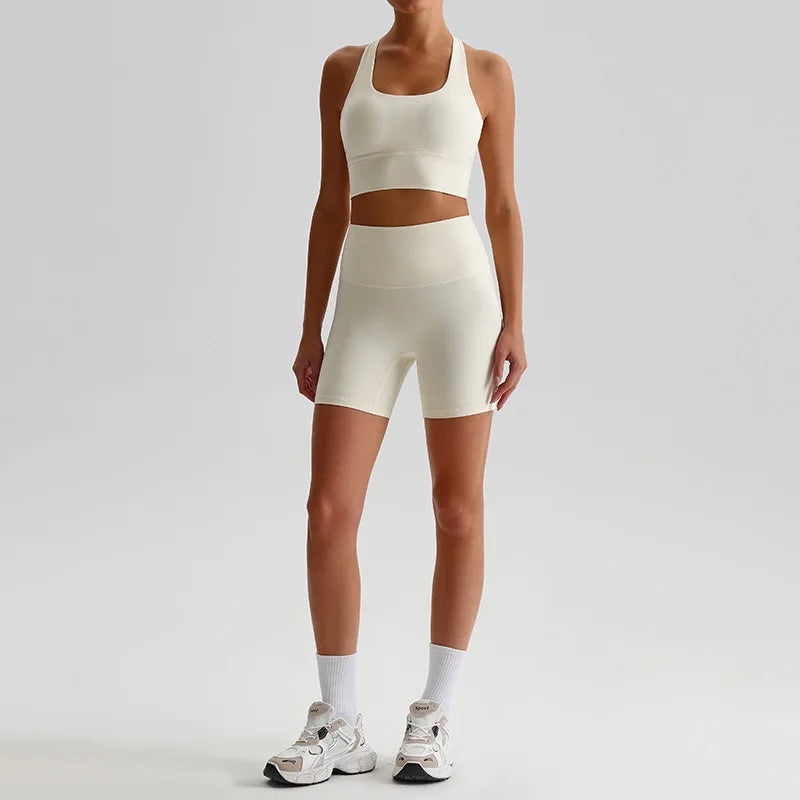Women’s Seamless Yoga Set - Quick-Dry Naked Feel Backless Bra Booty-Lifting Shorts - pepper white / S