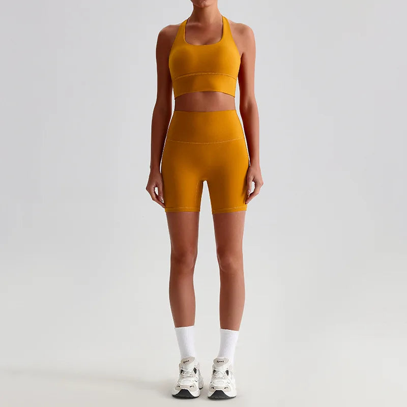 Women’s Seamless Yoga Set - Quick-Dry Naked Feel Backless Bra Booty-Lifting Shorts - sultan brown / L