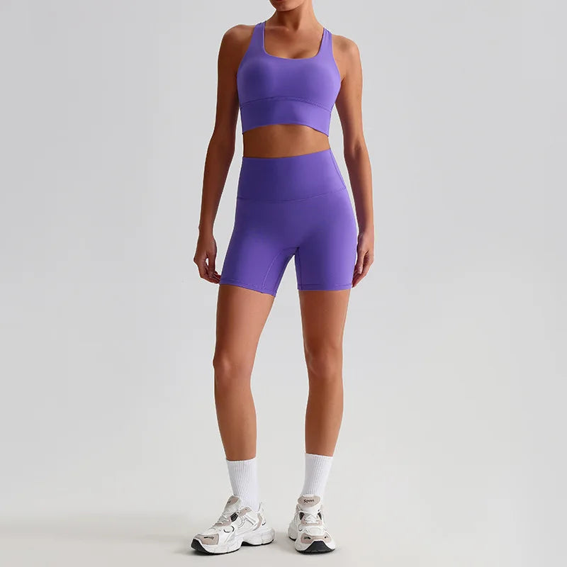 Women’s Seamless Yoga Set - Quick-Dry Naked Feel Backless Bra Booty-Lifting Shorts - Passion Purple / XL