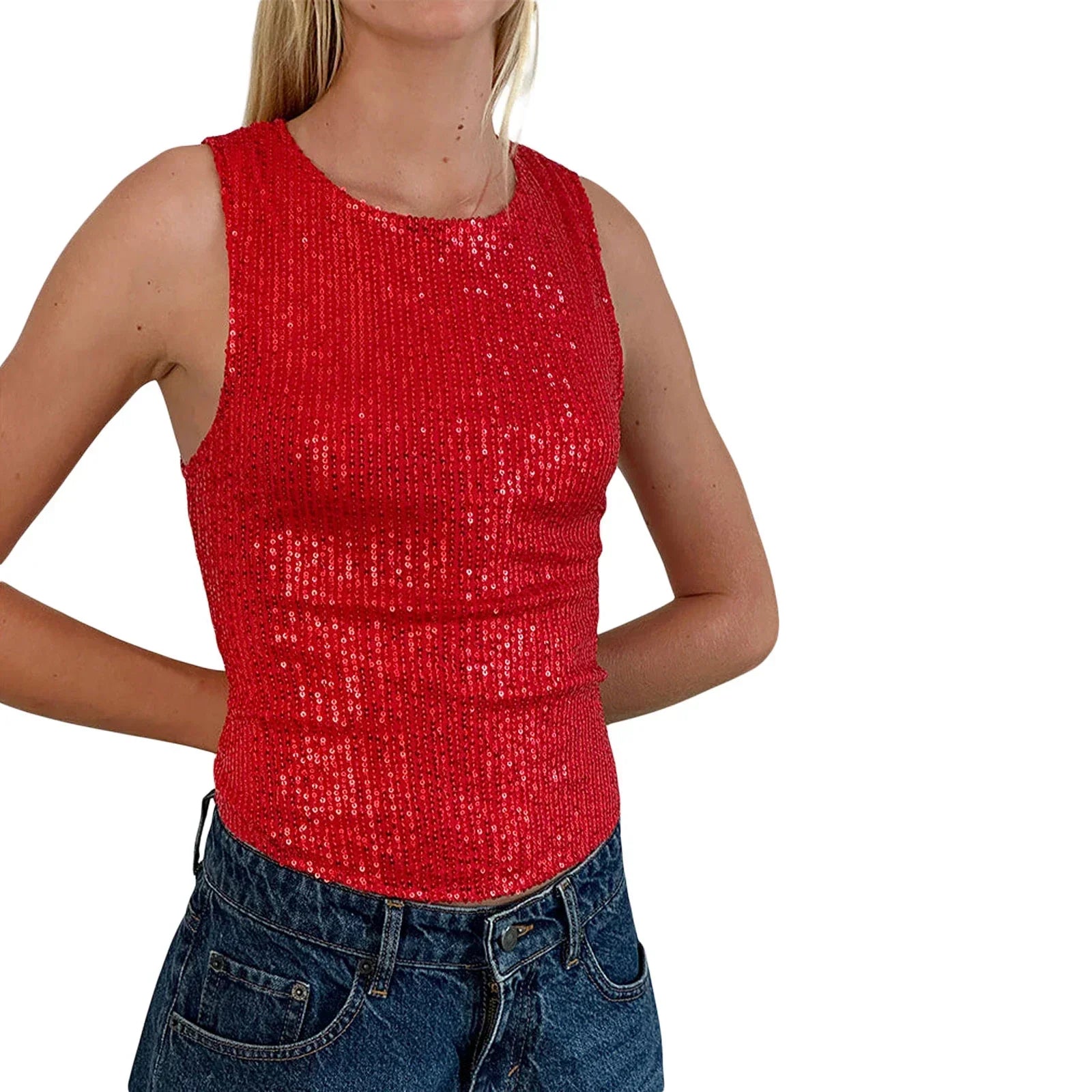Women’s Sequin Glitter Tank Top - Red / L