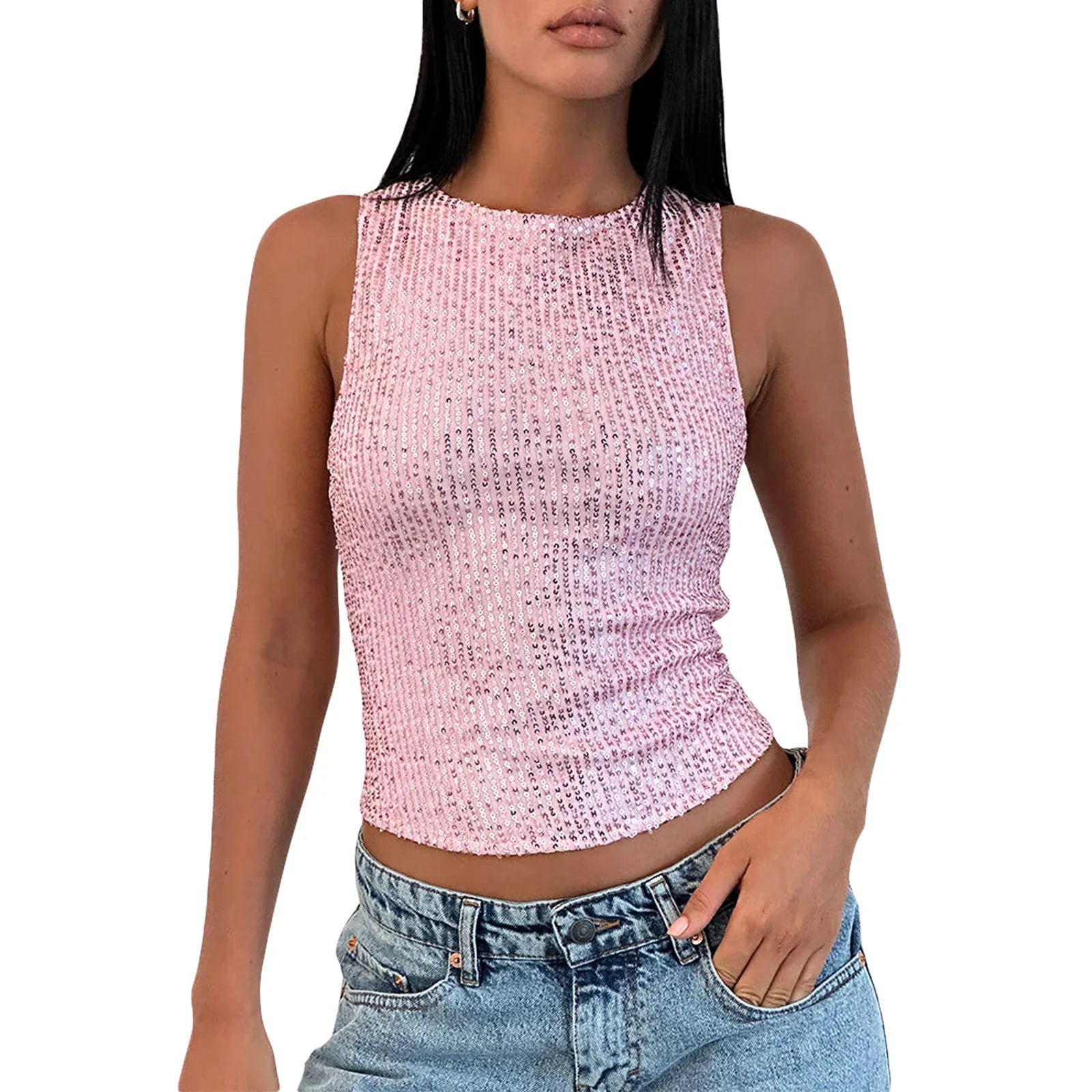 Women’s Sequin Glitter Tank Top - Pink / S