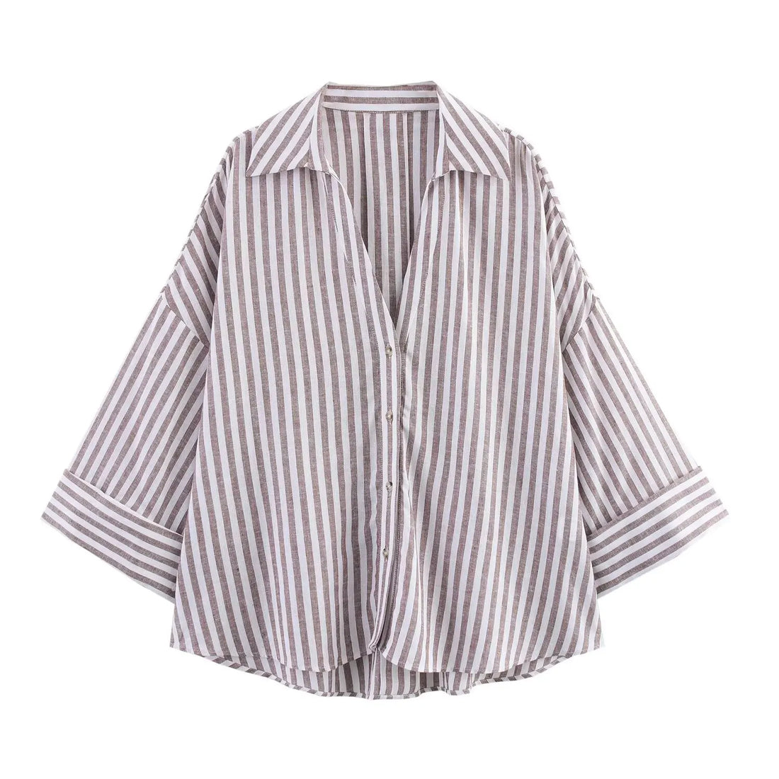 Women’s Shirt With a Collar and Wide Sleeves Simple Stripes Single Breasted - stripe / XS