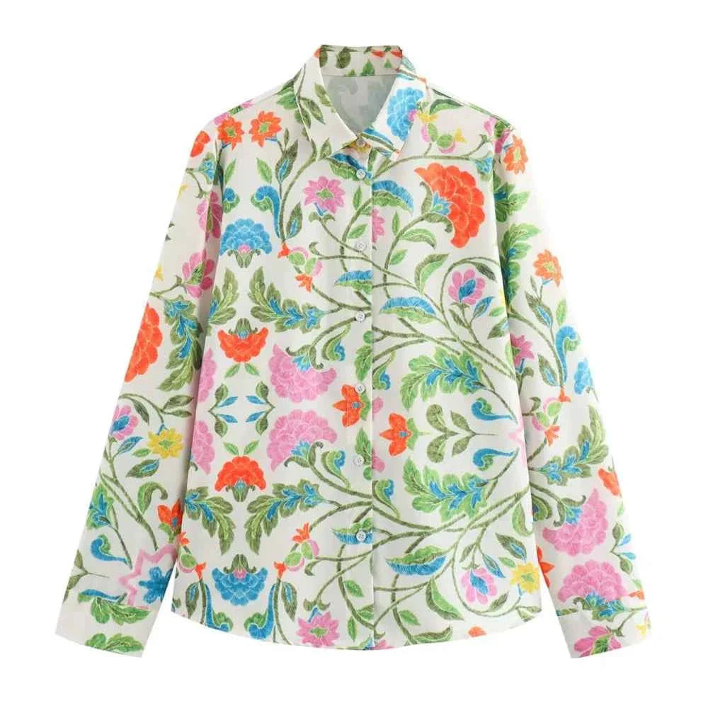 Women's Simple and Elegant Flip Collar Printed Shirt Mid Waist Straight Leg Pants Casual Set