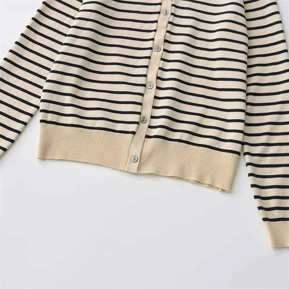 Women's Simple Round Neck Long sleeved Striped Fine Knitted Cardigan