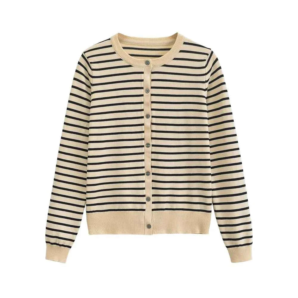 Women's Simple Round Neck Long sleeved Striped Fine Knitted Cardigan