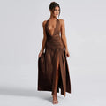 Women’s Sleeveless Hanging Neck Deep V-neck Long Dress - Light Brown / XL