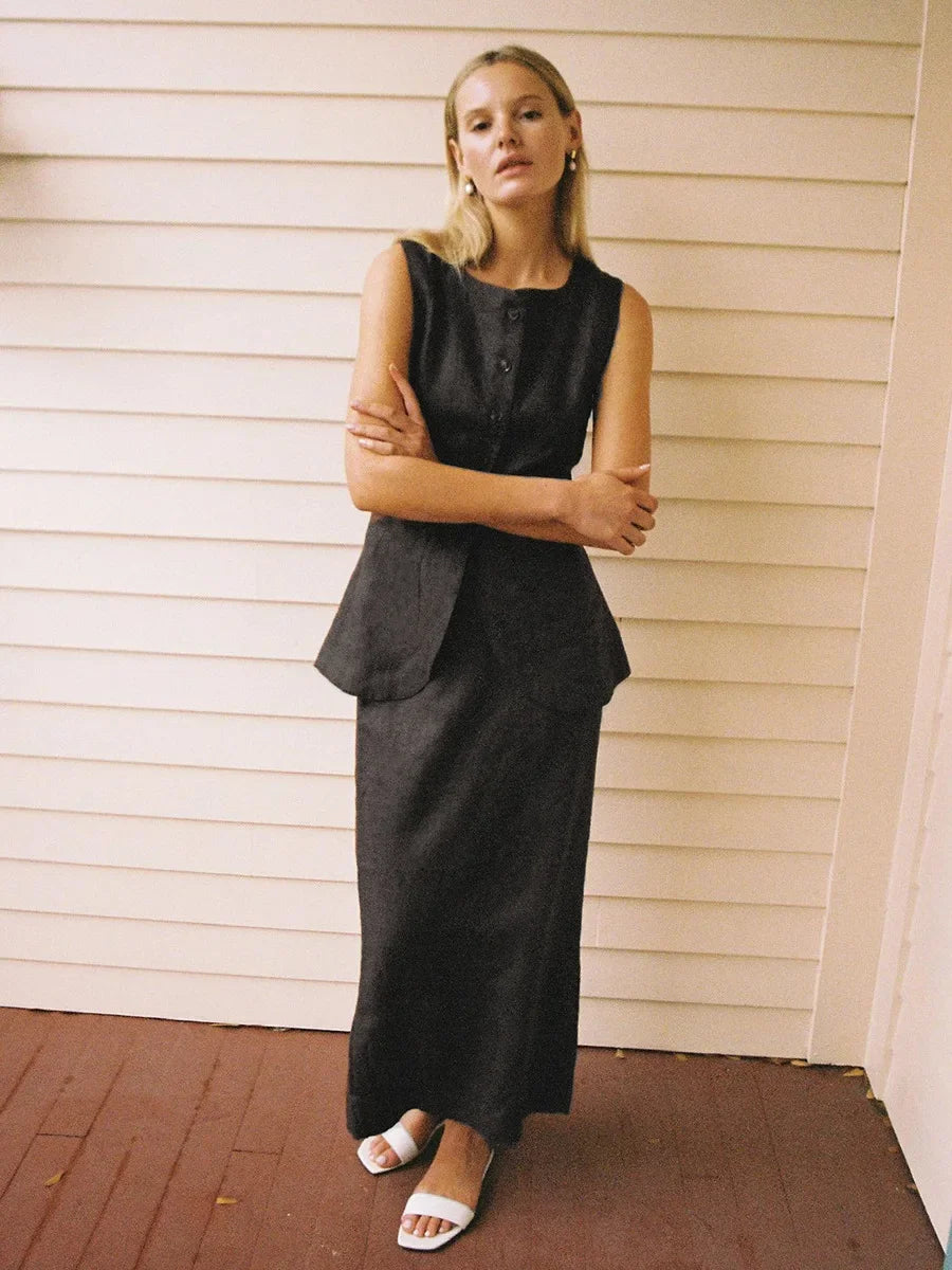 Women’s Sleeveless Vest High Waisted Skirt 2-Piece Set - Black / M