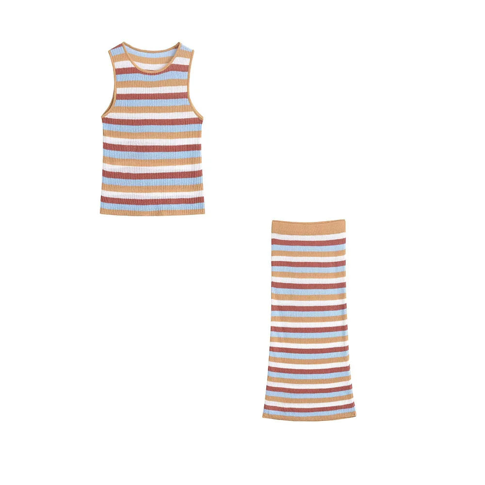 Women’s Slim-fit Striped Knitted Vest Skirt Set - suit / M