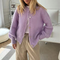 Women’s Solid Color Cardigan Fuzzy Long Sleeve Button Down Sweater - B / M