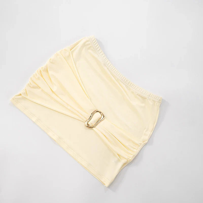 Women’S Solid Color Slant Shoulder Sleeveless Metal Button Short Dress Set