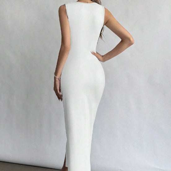 Women’s Solid Color Sleeveless Generous Collar Slit Slim Fit Dress - electronic accessories