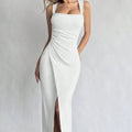 Women’s Solid Color Sleeveless Generous Collar Slit Slim Fit Dress - White / L - electronic accessories