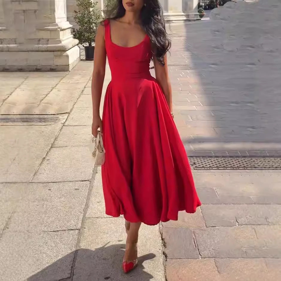 Women’s Solid Color Square Collar Sling Dress - electronic accessories