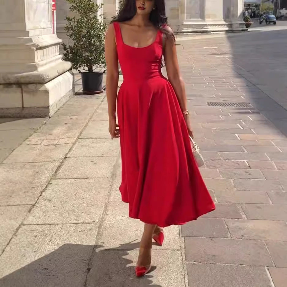 Women’s Solid Color Square Collar Sling Dress - electronic accessories