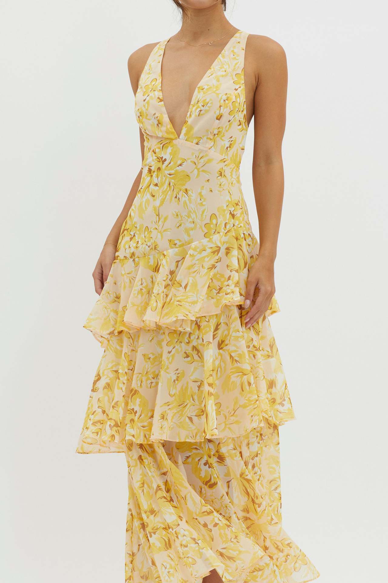 Women’s Spaghetti-strap Floral Print Backless Multi-layer V-neck Dress - Yellow / L - Other