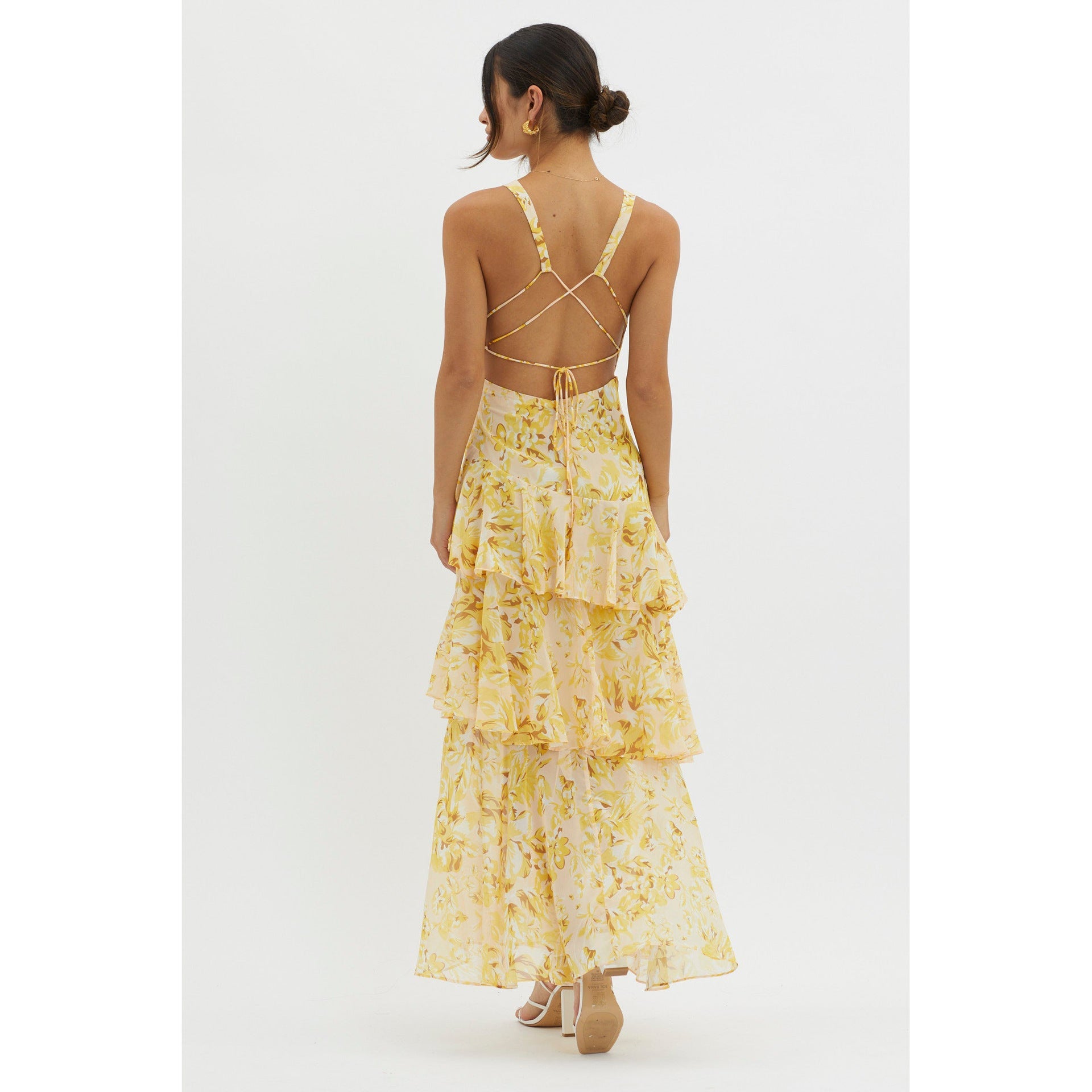 Women’s Spaghetti-strap Floral Print Backless Multi-layer V-neck Dress - Other