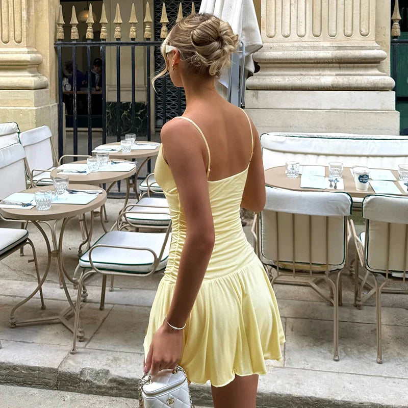 Women’S Spaghetti Straps V-Neck Ruffled Dress - Yellow / L