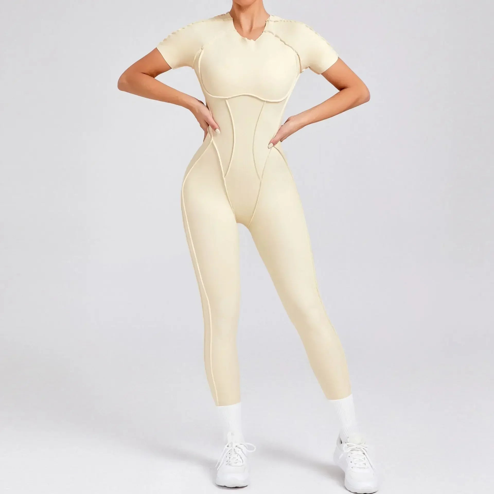 Women’s Sports Bodysuit Kit Yoga Fitness Jumpsuit - Beige 2 / L