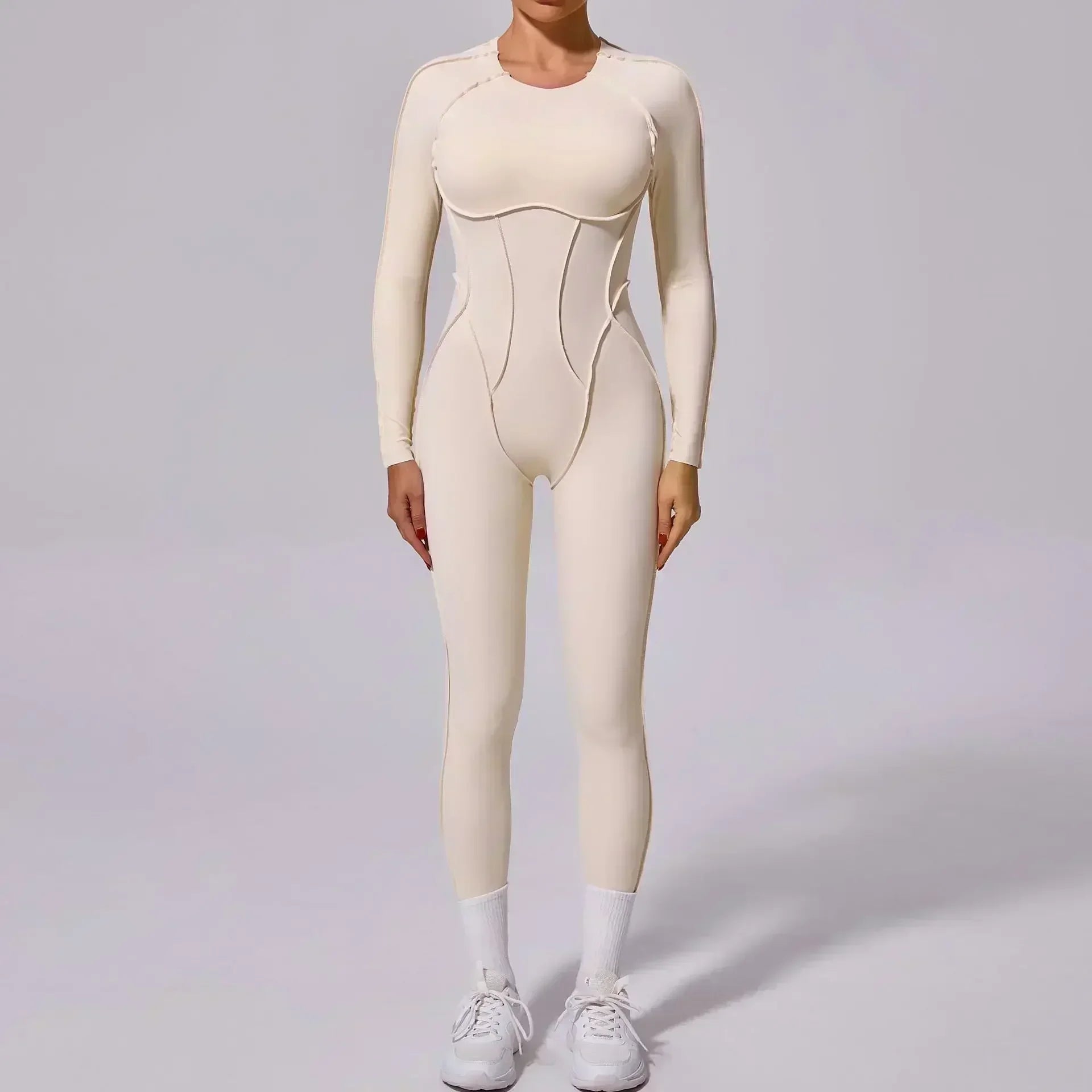 Women’s Sports Bodysuit Kit Yoga Fitness Jumpsuit - Beige / L