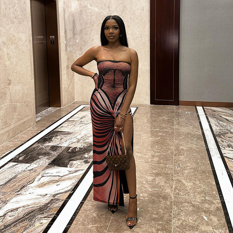 Women’s Spring Clothing Tube Top Dress High Slit Long