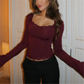 Women’s Spring Lace Trim Tee Shirt Blouses - Claret / XL