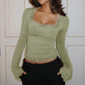 Women’s Spring Lace Trim Tee Shirt Blouses - green / S