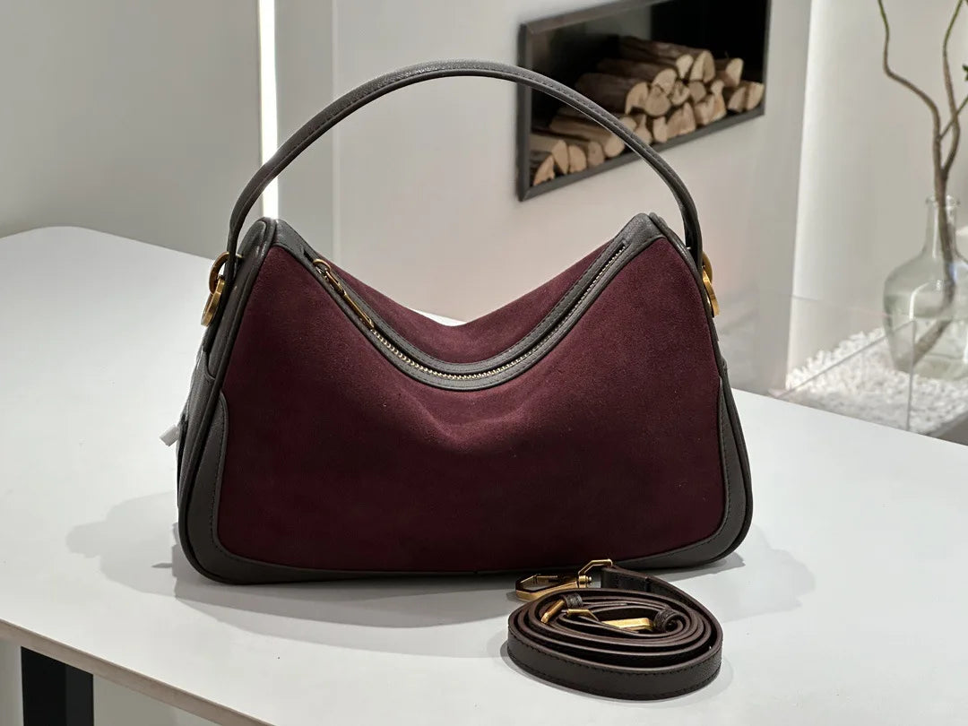 Women’s Suede Genuine Leather Crossbody Bag - Frosted Burgundy / 28x9x17cm
