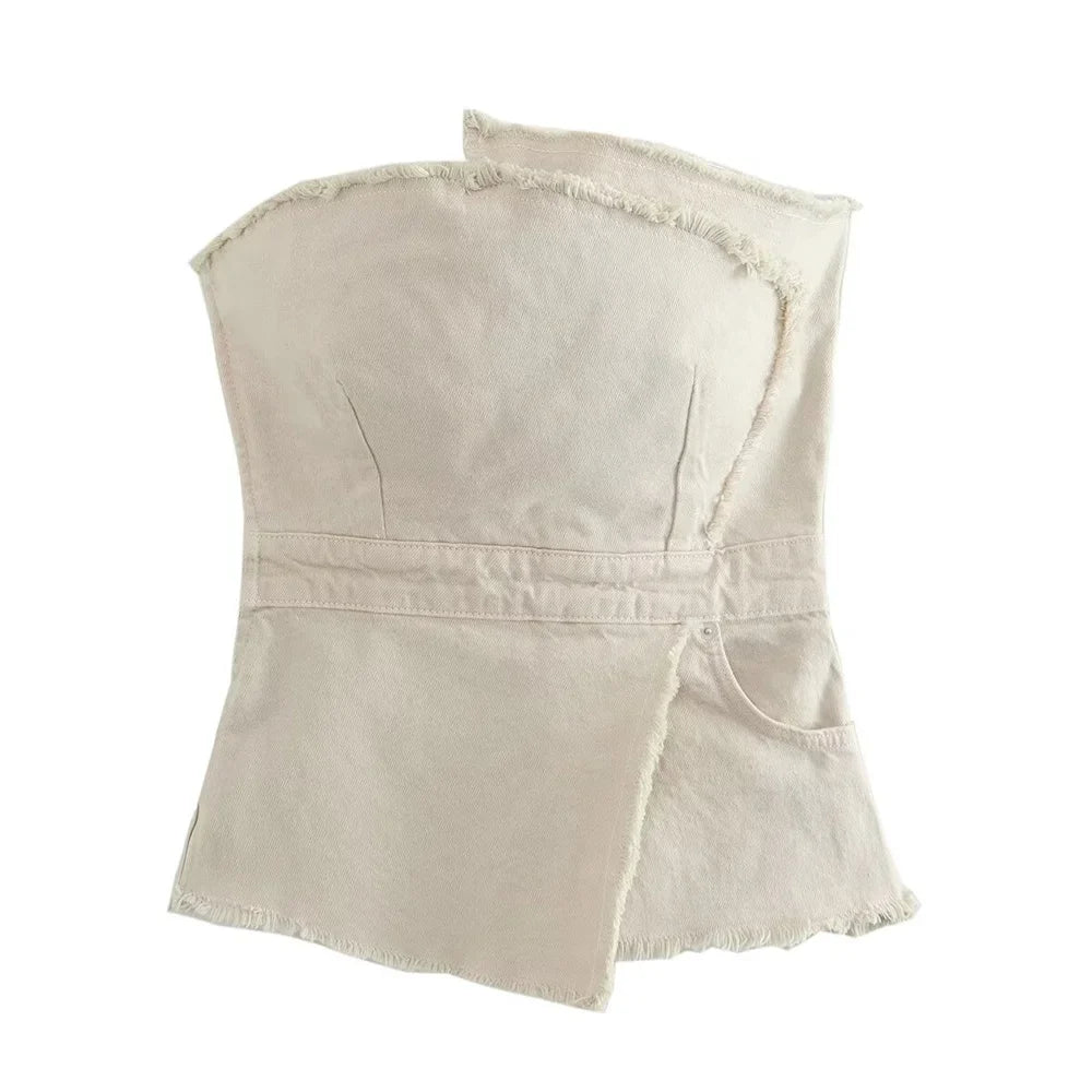 Women’s Temperament Asymmetric Ragged Edge Tight Top High Waist Solid Color Skirt Set - creamy-white / L