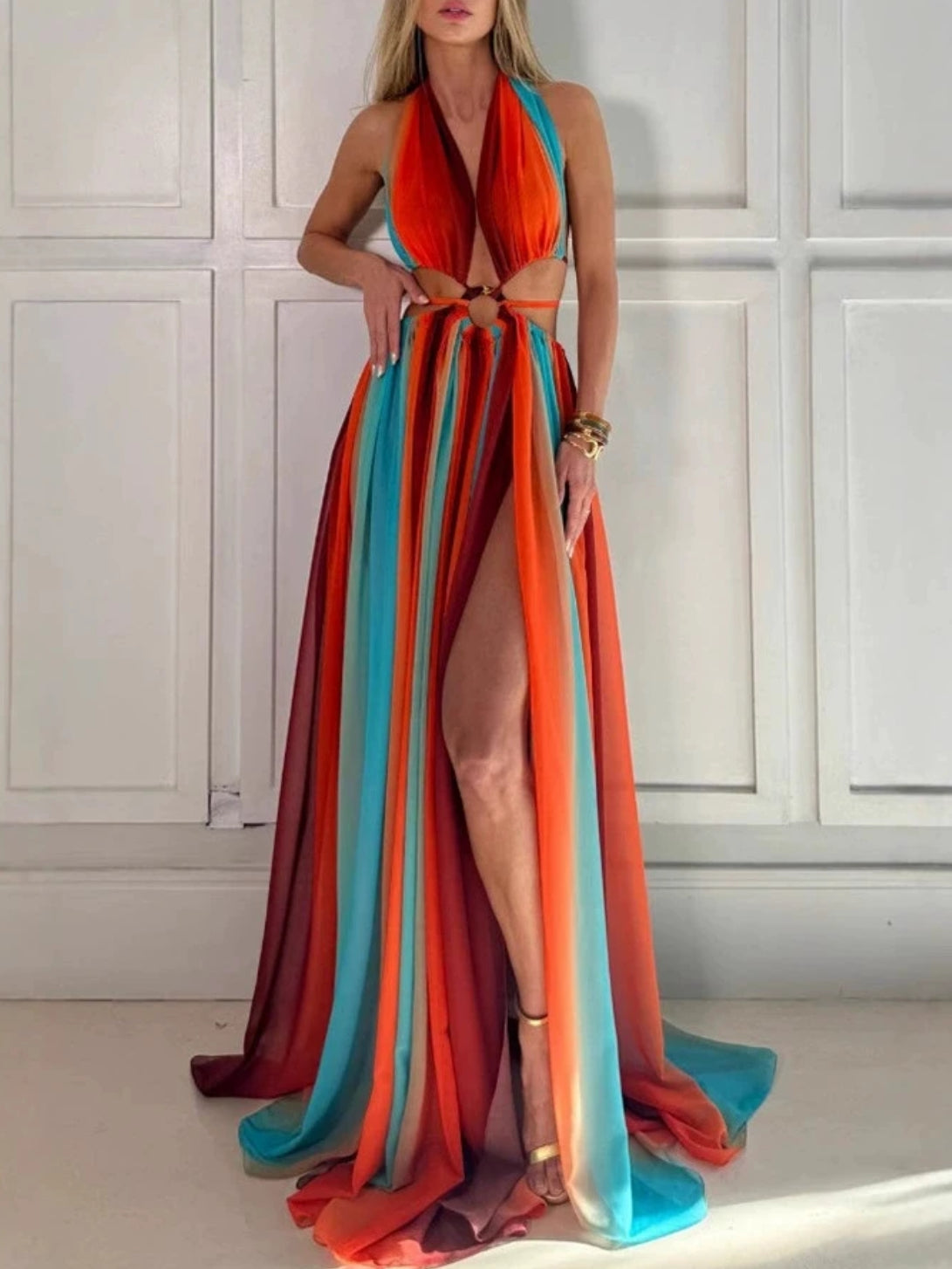 Women’s Tie-dye Gradient Slim Fit Off Waist Long Dress