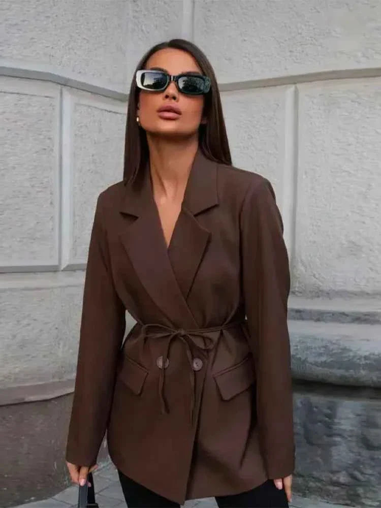 Women's Tie Waist Blazer Coat Oversized Padded Shoulder