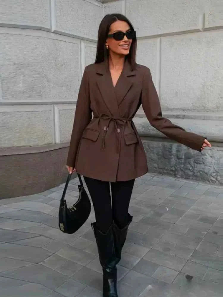 Women's Tie Waist Blazer Coat Oversized Padded Shoulder