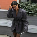 Women's Tie Waist Blazer Coat Oversized Padded Shoulder