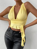 Women’s Tight Fitting Deep V-neck Pleated Top - L / 2263503-yellow - Other